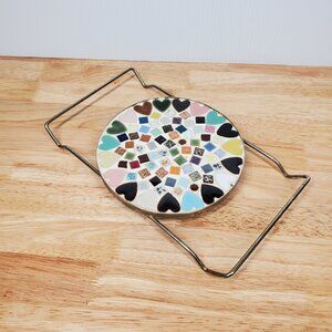 Multicolor Trivet Mosaic Heart Diamond Tile Wire Frame 6” Diameter Hot Plate VTG